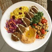 Vegan Dream · Comes with a choice of hummus or baba ganoujh with falafel, couscous, chickpea quinoa salad,...