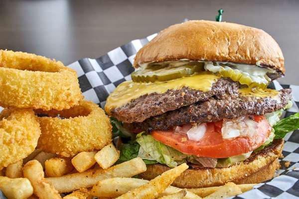Belly Buster Burger Special · Double cheeseburger with fries, onion rings and drink. 