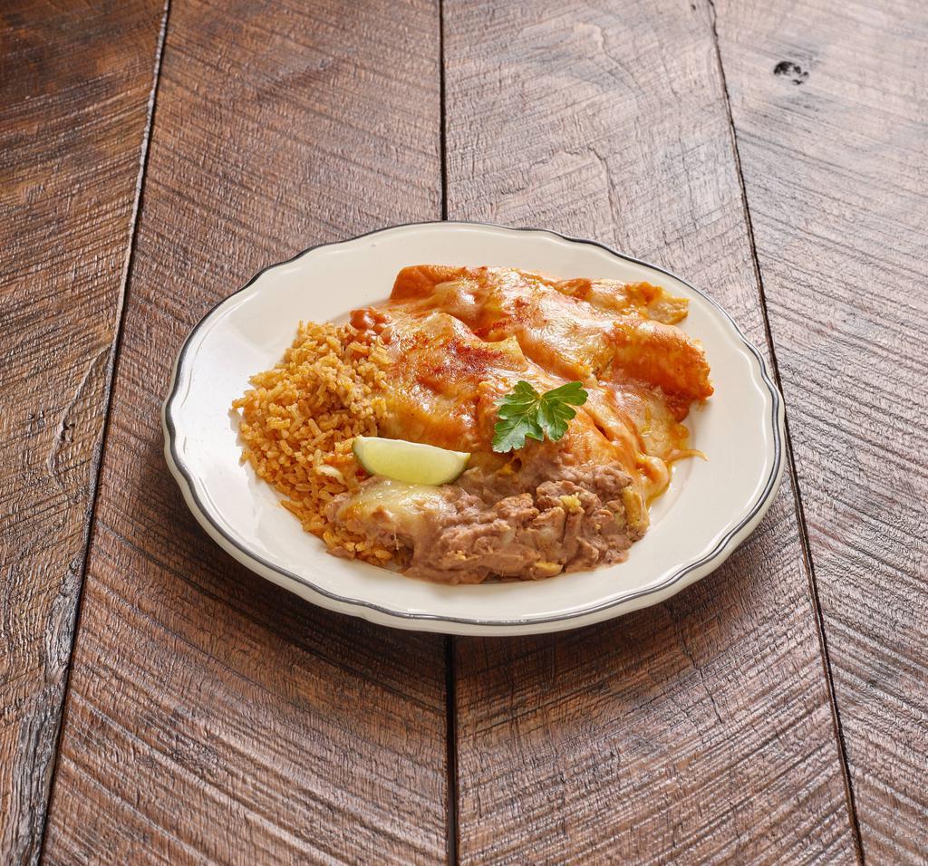 3 Items Dinner Combo Plate · With choice of shredded beef, chicken, pork or ground beef. Includes refried beans and rice.