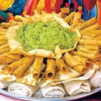 Party Trays · Platter with Mini Burritos, Taquitos and Quesadillas with Guacamole Dipping.  Your Choice of...