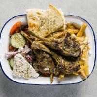 Lamb Chops Plate · 3 Lamb Chops
Horiatiki Salad
Greco Fries
Pita Bread