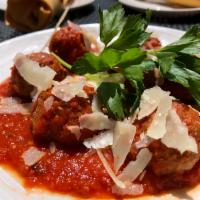 Polpette e Parmigiano · 6 Homemade meatballs, house pomodoro and Parmigiano Reggiano.