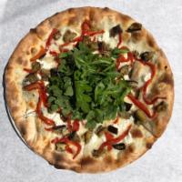 Caprino Goat Cheese Pizza · Goat cheese, mozzarella, roasted eggplant, baby arugula, red pepper, black olives