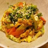 Chicken Donburi · All natural chicken with fresh seasonal vegetable over rice. Served miso soup and rice. 