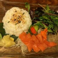 Sake Don · Salmon sashimi served with rice and organic mixed greeen salad.