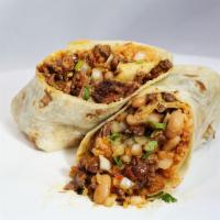 Burrito · Fresh flour tortilla stuffed with your choice of meat, whole beans, rice, chopped onions, an...