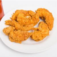 Buffalo Chicken Tenders · Fresh hand breaded and golden fried chicken tenders smothered in buffalo sauce.