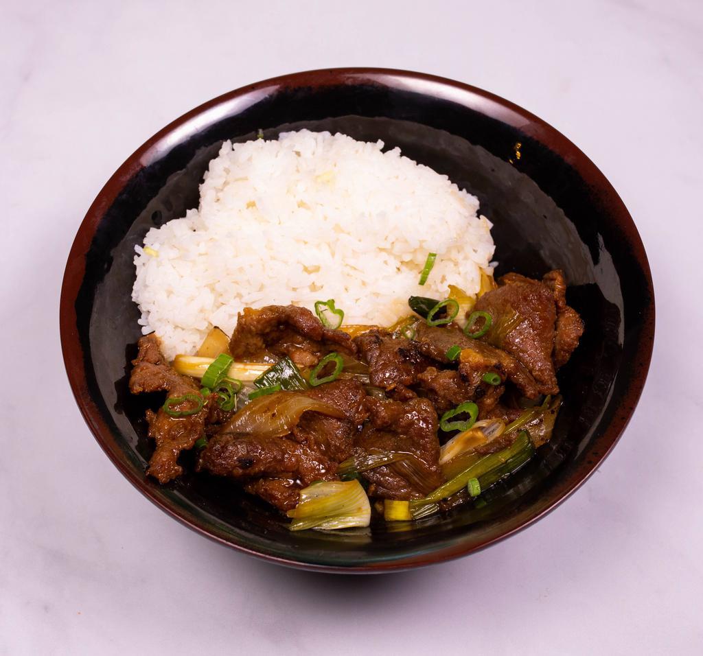 68. Mongolian Beef · Served with white rice. Hot and spicy.