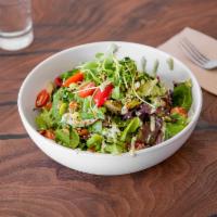 Green Goddess Salad · Lettuce blend, edamame, roasted brussels sprouts, cherry tomato, scallions, cucumber, crushe...