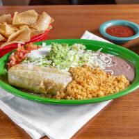 Chimichanga · A large flour tortilla filled with your choice of beef tips, ground beef, or shredded chicke...