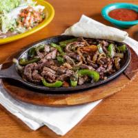 Steak Fajita · Steak grilled with bell peppers, tomatoes, and onions. Served with rice, beans, pico, guacam...
