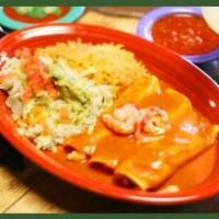 Shrimp Enchiladas · 3 rolled corn tortillas filled with grilled shrimp and cheese, topped with enchilada sauce, ...