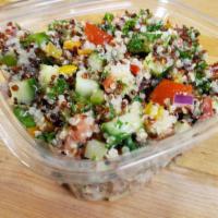 Quinoa Protein Power Salad · Quinoa, tomatoes, cucumber onions, kale, parsley, and lemon olive oil vinaigrette.