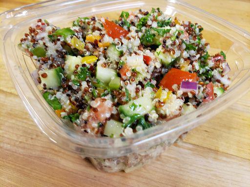 Quinoa Protein Power Salad · Quinoa, tomatoes, cucumber onions, kale, parsley, and lemon olive oil vinaigrette.