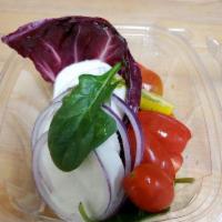 Mini Caprese Salad · Sangria tomatoes, fresh mozzarella, onions, fresh basil, and balsamic vinaigrette.
