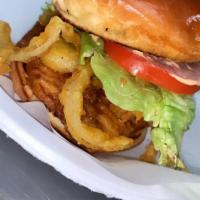Fish sandwich  · BEER battered tilapia fish sandwich On a fresh brioche roll with our home made tarta sauce, ...