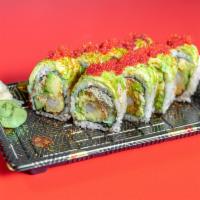 Dragon Roll · Cucumber, crab salad avocado, spicy shrimp tempura, topping avocado, spicy eel sauce and tob...