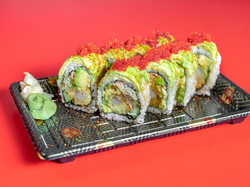 Dragon Roll · Cucumber, crab salad avocado, spicy shrimp tempura, topping avocado, spicy eel sauce and tobiko red.