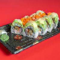 Gold Coast Roll · Tempura salmon, crab and cream cheese. Topping avocado and plantain with tobiko red and home...