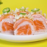 Los Angeles Roll · Scottish salmon with torched salmon, secret spicy sauce, crispy tempura bits and serrano chi...