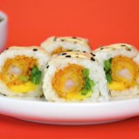 Pekin Roll · Shrimp tempura, mango, scallions rolled on soy paper with sesame seeds and passion fruit may...