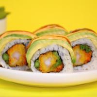 Dragon Roll · Shrimp tempura, asparagus, scallions and masago, topped with avocado, spicy mayo and eel sau...