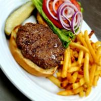 Classic Burger · 6 oz. patty served with tomatoes, lettuce, and onions on toasted sesame bun.