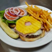 Hawaiian Burger · 6 oz. patty served with ham, grilled sweet pineapple, Provolone cheese, 1000 Island, tomatoe...