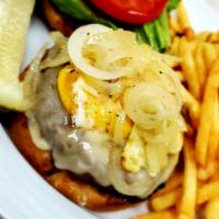 LB Burger · 6 oz. patty served with Monterey cheese, fried egg, caramelized onions, garlic aioli on toas...