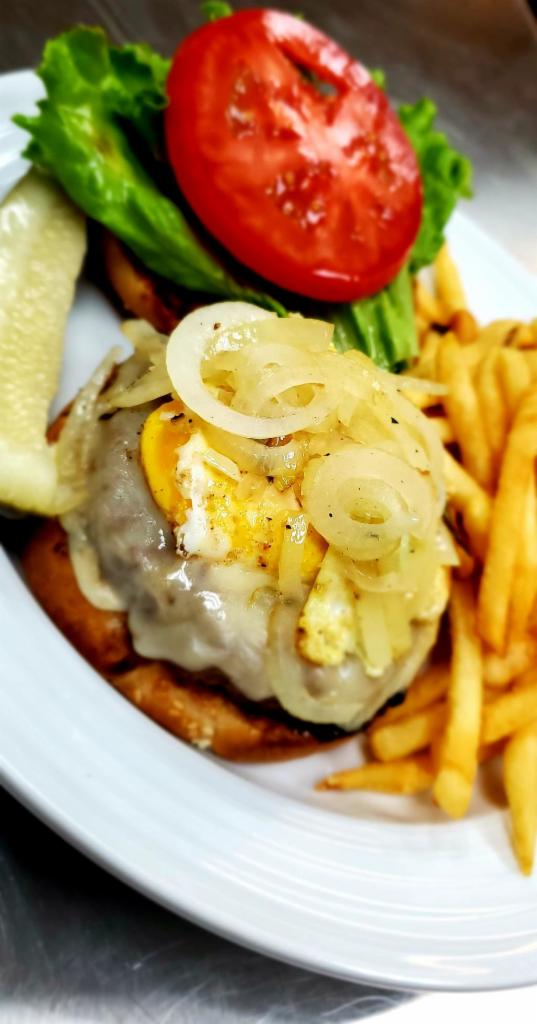 LB Burger · 6 oz. patty served with Monterey cheese, fried egg, caramelized onions, garlic aioli on toasted sesame bun.
