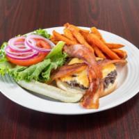 Bacon Cheeseburger · 6 oz. patty served with cheddar and Monterey cheese, bacon, tomatoes, lettuce, and onions on...