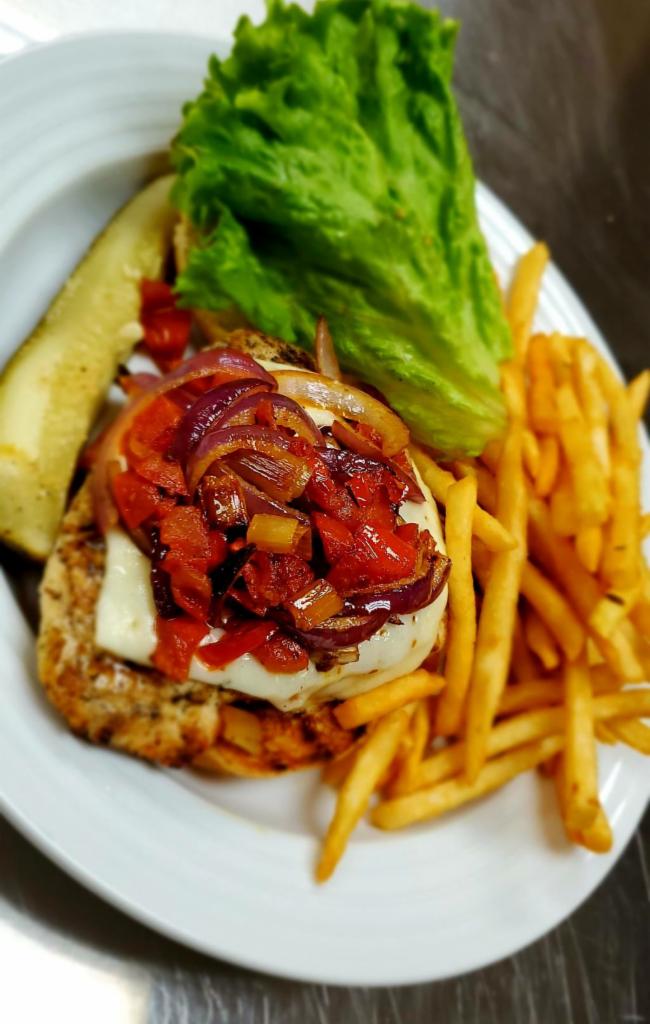 Chicken Melt · 6 oz. All-natural breast, caramelized onions and tomatoes. Havarti cheese, lettuce with creamy honey mustard on toasted sesame bun.