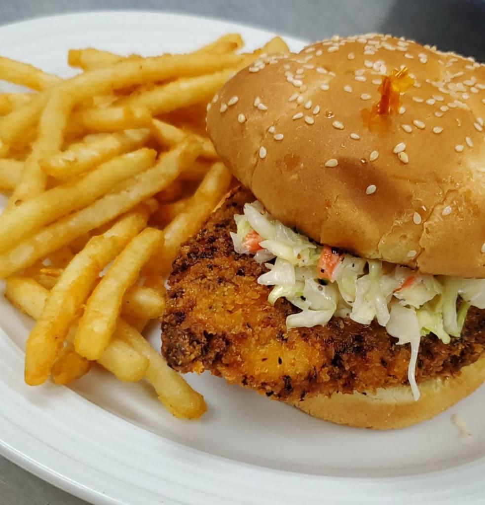 Hot and Spicy Sandwich · Golden fried, house-battered chicken, with coleslaw and sweet and spicy aioli on toasted sesame bun, with your choice of: French fries, sweet fries, potato salad, cottage cheese, side salad (French, ranch, honey mustard, 1000 island or raspberry vinaigrette), or coleslaw.

