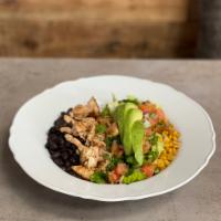 Blackened Chicken Bowl  · Blackened chicken, roasted corn, black bean, pico de gallo, avocado, shredded romaine lettuc...