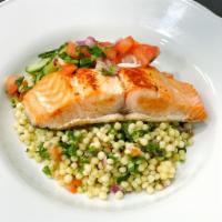 Salmon Bowl  · Baked Salmon, Pickled cucumbers, pico de gallo, couscous tabbouleh and Tzatziki !