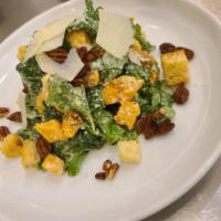 Kale Salad · Organic baby kale, roasted squash, candied pecans, croutons, shaved Parmesan, lemon Parmesan...