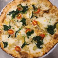 Chicken & Spinach Pizza · Local mozzarella, crumbled chicken, olive oil, garlic, roasted garlic, spinach, cherry tomat...
