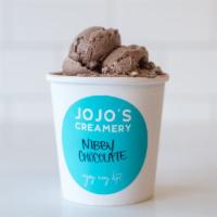 Nibby Chocolate Ice Cream (GF) · Cocoa nibs and bittersweet chocolate. Gluten free. No nuts.