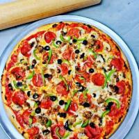 Pizza Speciale · Green peppers, mushrooms, black olives, onions, pepperoni, sausage.