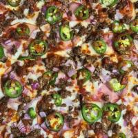 Barbacoa Pizza (Mexican) · Smoked spiced and slow-cooked shredded beef, Canadian bacon, custom blend cheeses, red onion...
