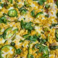 Keemazing Pizza (Indian) · Curried ground chicken with peas, custom cheese blend, south Asian tomato chutney, fresh jal...