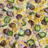 Mexi-Corn (Mexican) · Creamy elote style corn, smoked beef sausage, custom cheese blend, red onions, jalapenos, co...