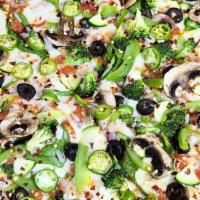 Greenhouse Pizza · Tomato sauce, custom cheese blends, green bell peppers, onions, tomatoes, black olives, spin...
