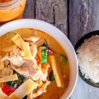 Red Curry · Thai spices blended in chili paste with bamboo shoots red bell peppers, zucchini and sweet b...