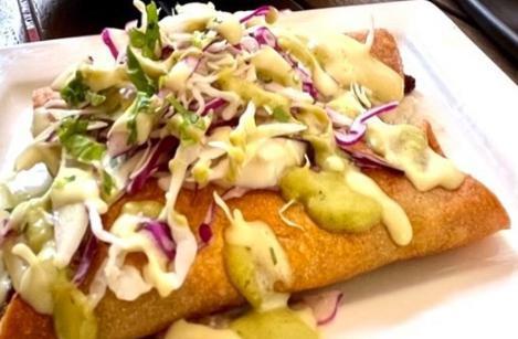 Mom's Taquitos · Contains nuts, Soy free, Gluten free. potatoes, mushrooms, caramelized onions, cabbage, cashew creama, almond queso fresco.