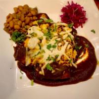 Enchiladas Rojas · Contains nuts,Soy free, Gluten free. Savory Umami rich dish, corn tortillas rolled and stuff...