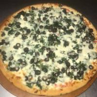 Greek Specialty Pizza · Fresh tomatoes, feta cheese, spinach, olives.