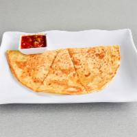 Veggie Quesadilla · Mozzarella, peppers, onions and mushrooms melted inside, served with sour cream and salsa on...