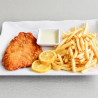 Fish and Chips with Tartar Sauce · Crispy coated fillet of fish. Served with salad and french fries.