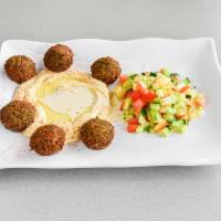 Falafel Plate · 5 falafel balls served with hummus, tehina, Israeli salad and pita bread.  Vegan. Gluten fre...